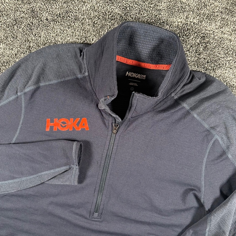 Hoka One One Pullover Mens L 1/4 Zip Gray Waffle Knit Running Training Top